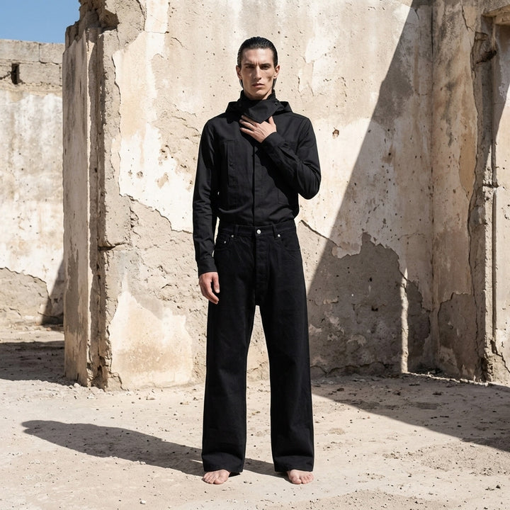 Rick Owens black long sleeve outershirt with high funnel collar, concealed snap placket and two vertical flap chest pockets - lifestyle
