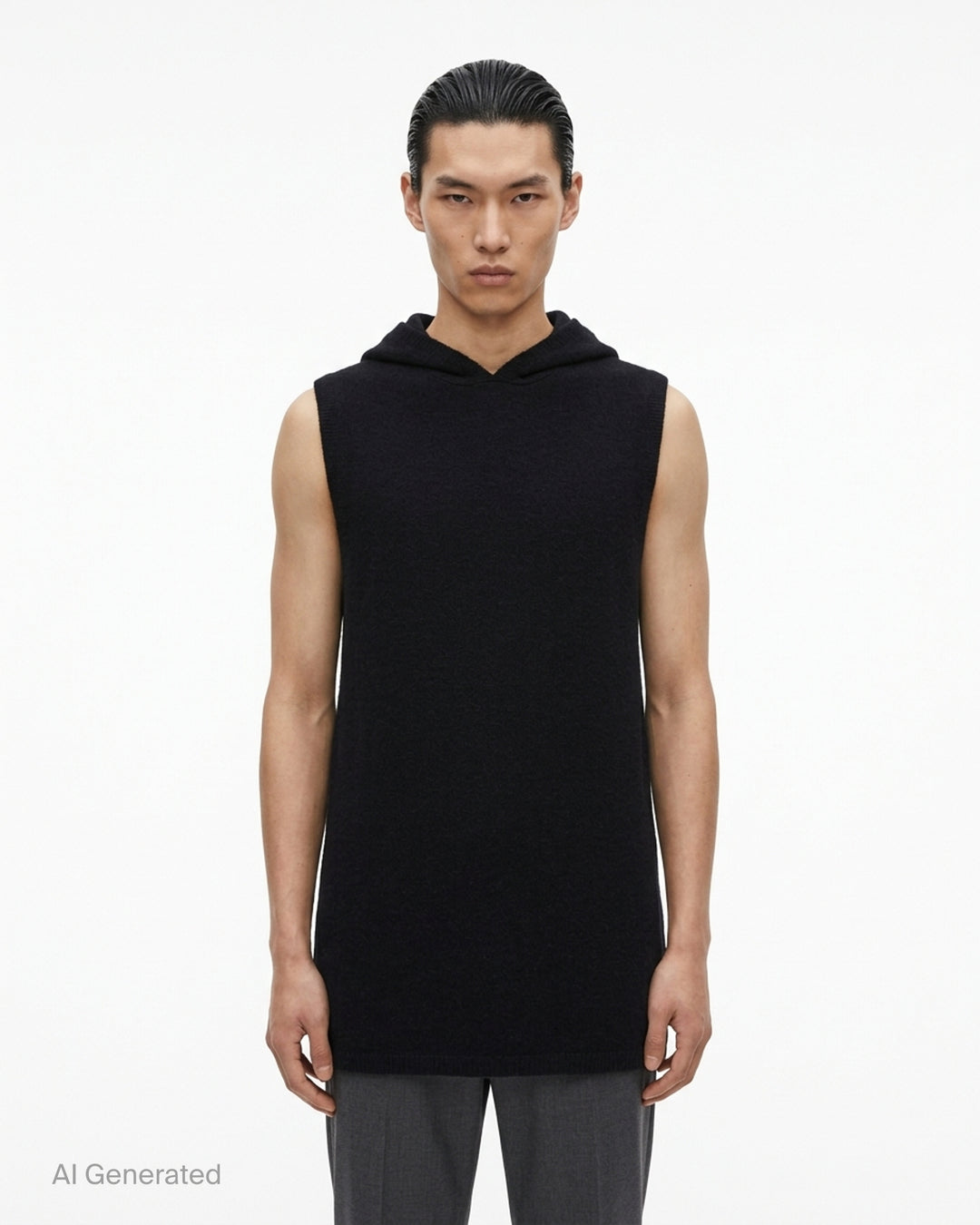 Rick Owens black sleeveless hooded tank in textured knit, shown from the front on a white background - front