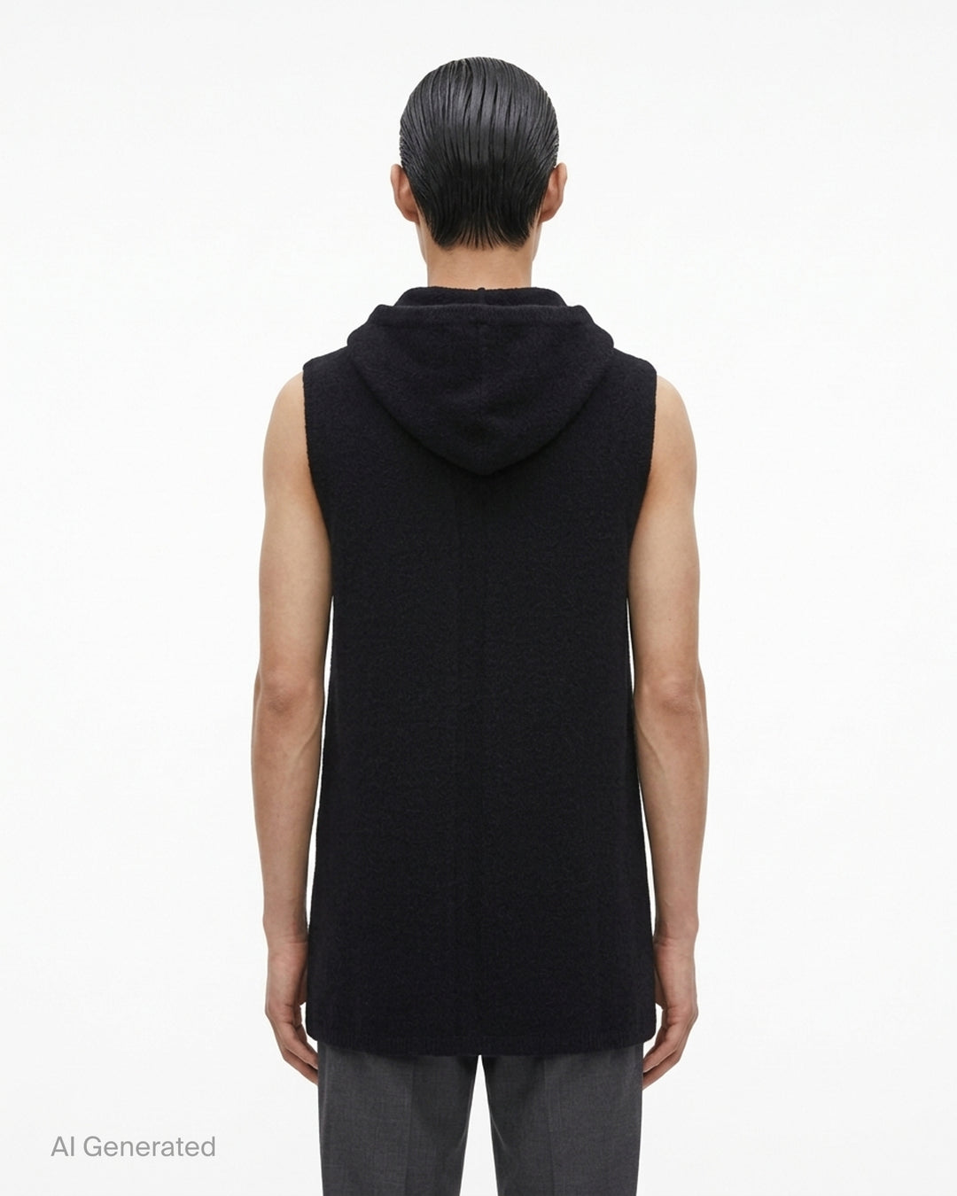 Rick Owens black sleeveless hooded tank in textured knit, shown from the front on a white background - back