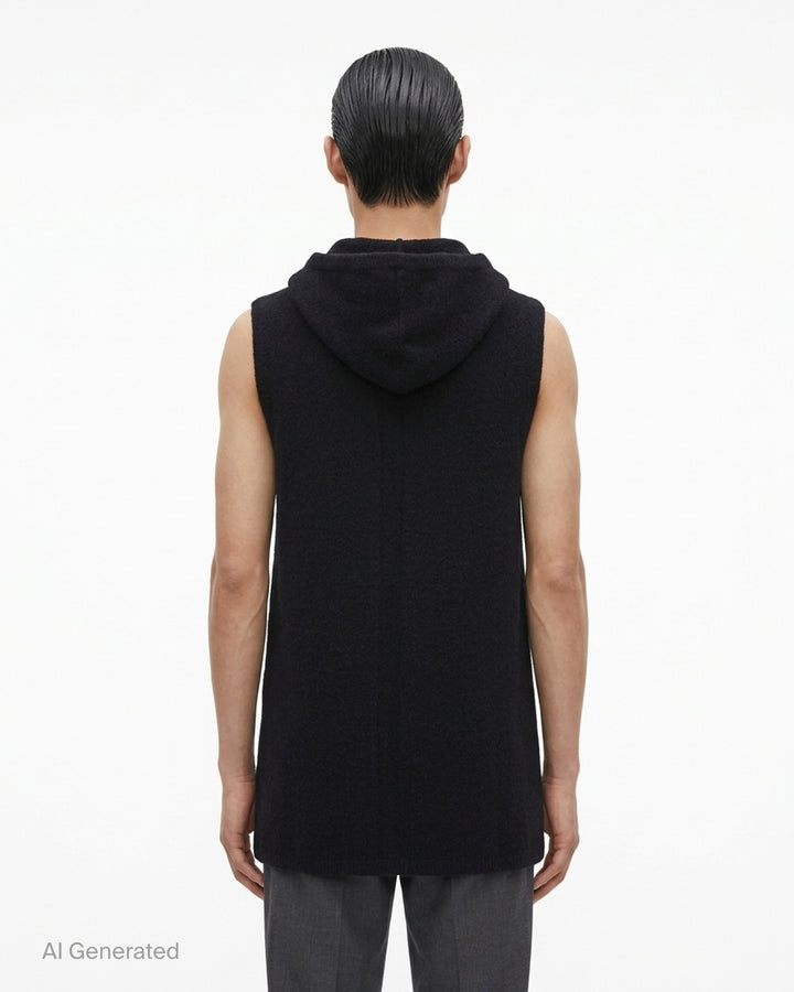 Rick Owens black sleeveless hooded tank in textured knit, shown from the front on a white background - back