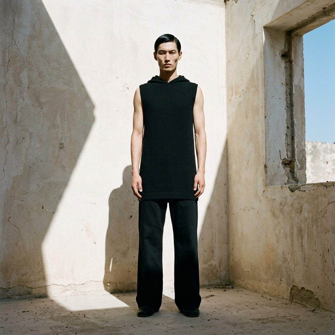 Rick Owens black sleeveless hooded tank in textured knit, shown from the front on a white background - lifestyle
