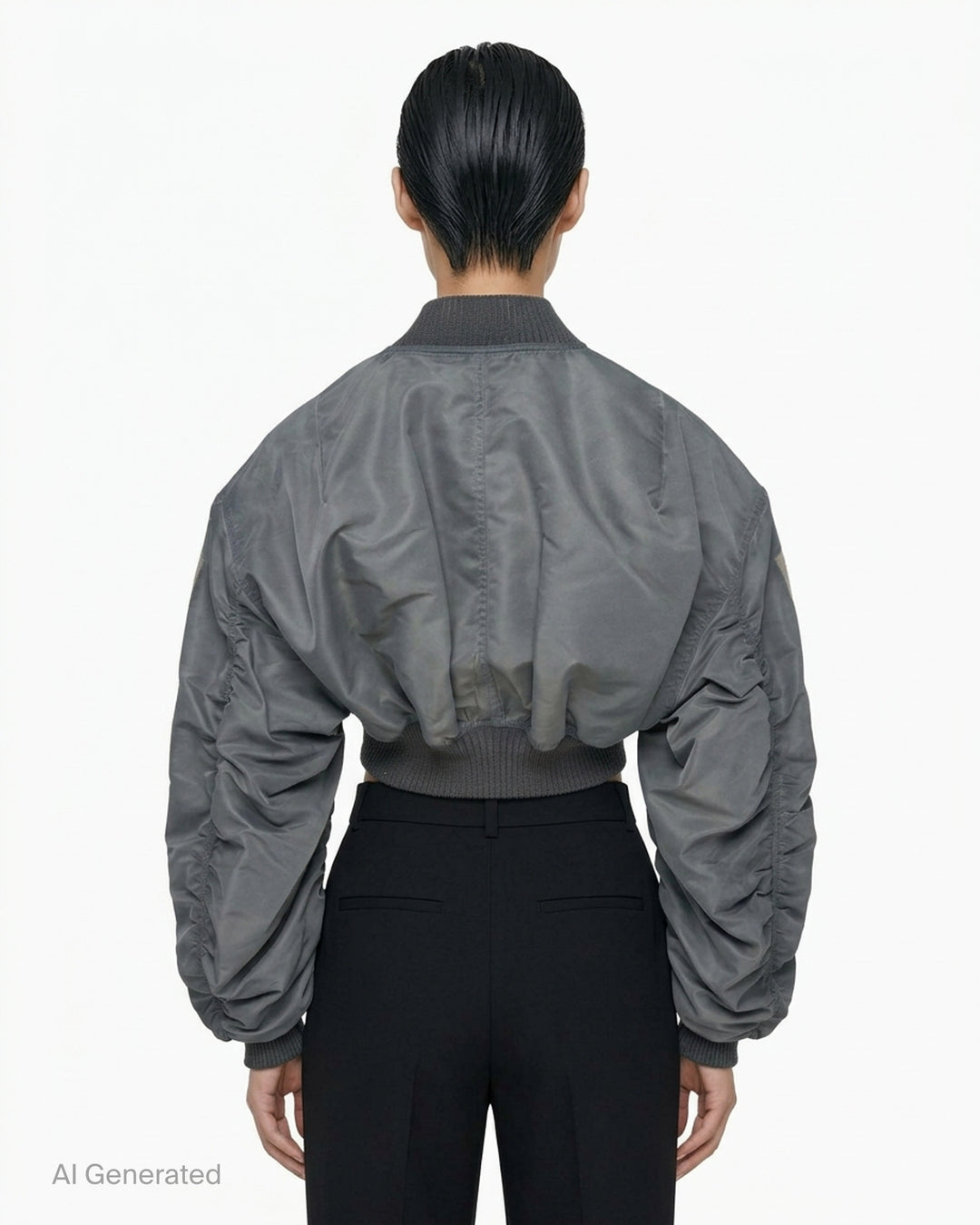 Rick Owens Micro Secchia washed bomber jacket in grey with cropped body, ruched voluminous sleeves and ribbed collar, cuffs and hem - back