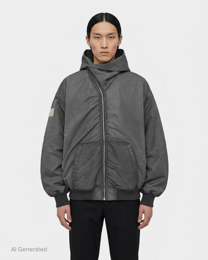 Rick Owens Mountain Hun washed bomber hoodie in charcoal grey with asymmetric zip, draped hood and ribbed cuffs - front