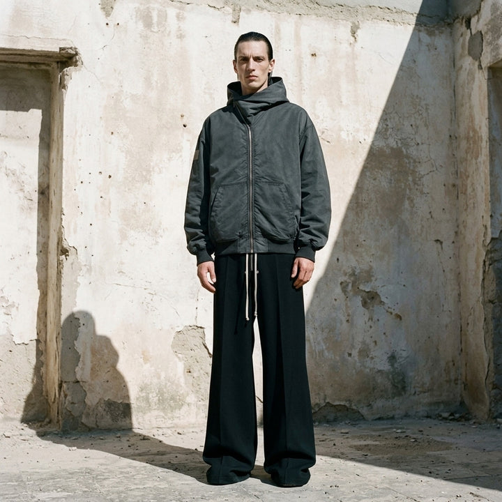 Rick Owens Mountain Hun washed bomber hoodie in charcoal grey with asymmetric zip, draped hood and ribbed cuffs - lifestyle
