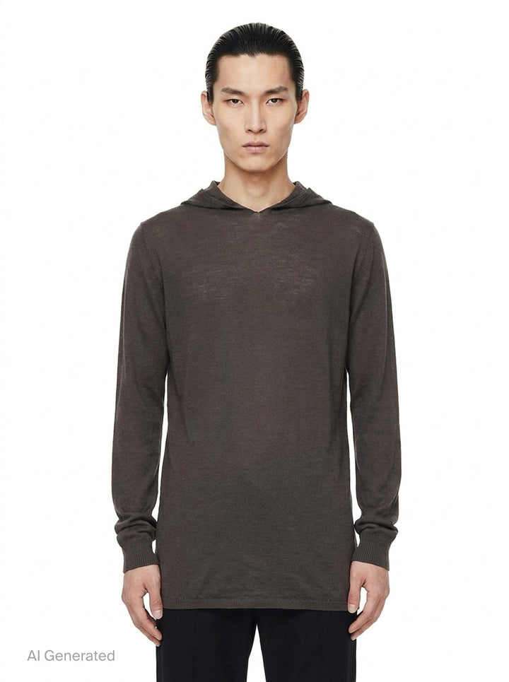 Rick Owens Oversize Knit Hoodie in dark taupe, featuring a fine-gauge semi-sheer knit, elongated body, unstructured hood, and ribbed cuffs with a gathered finish - front
