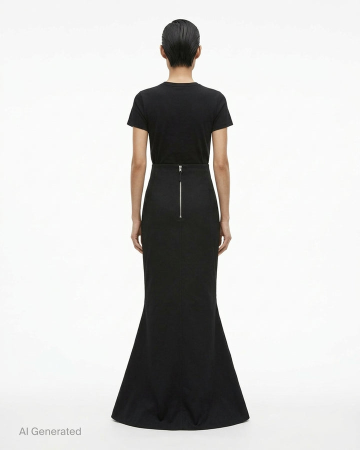 Black Rick Owens poly cotton canvas sheath dress with high waist, V-seam panelling and pointed petal hem - back
