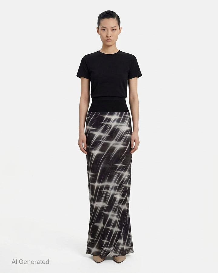 Rick Owens calf-length bias skirt in black with a white starburst print, ribbed black waistband and curved slit at the hem - front