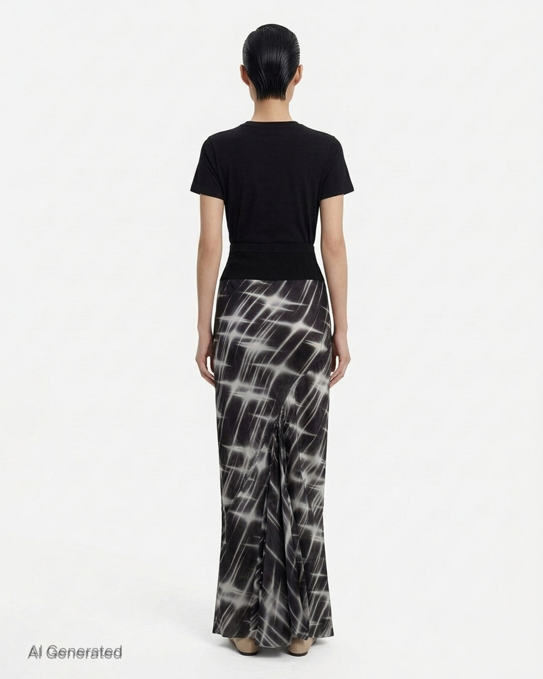 Rick Owens calf-length bias skirt in black with a white starburst print, ribbed black waistband and curved slit at the hem - back