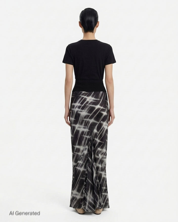 Rick Owens calf-length bias skirt in black with a white starburst print, ribbed black waistband and curved slit at the hem - back