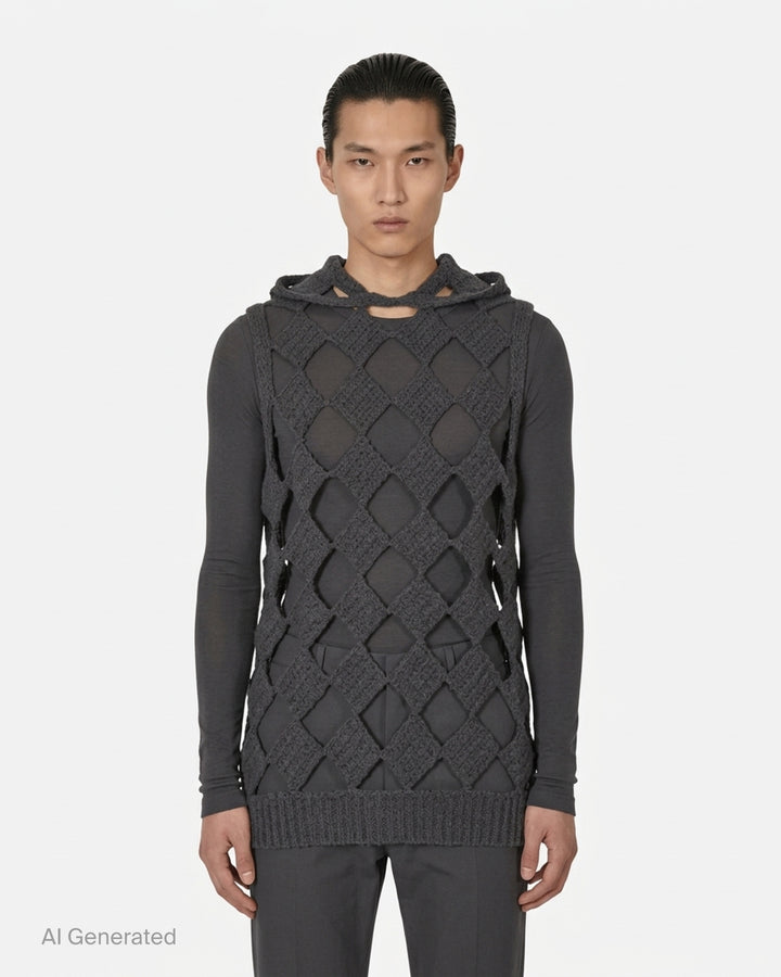 Rick Owens Sarutanya hooded knit tank in charcoal with an open diamond crochet lattice, hood and ribbed hem - front