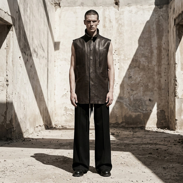 Rick Owens sleeveless black grained leather shirt with oversized draped collar, hidden front placket, and two patch pockets in a longline silhouette - lifestyle