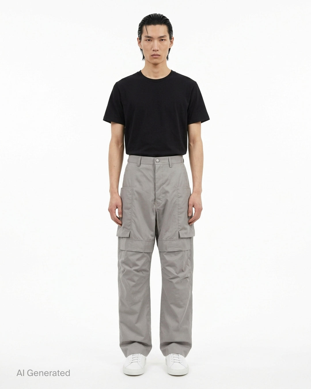 Rick Owens Stefan cargo pants in a grey cotton-nylon ripstop with oversized flap pockets and a wide-leg silhouette, shown from the front - front