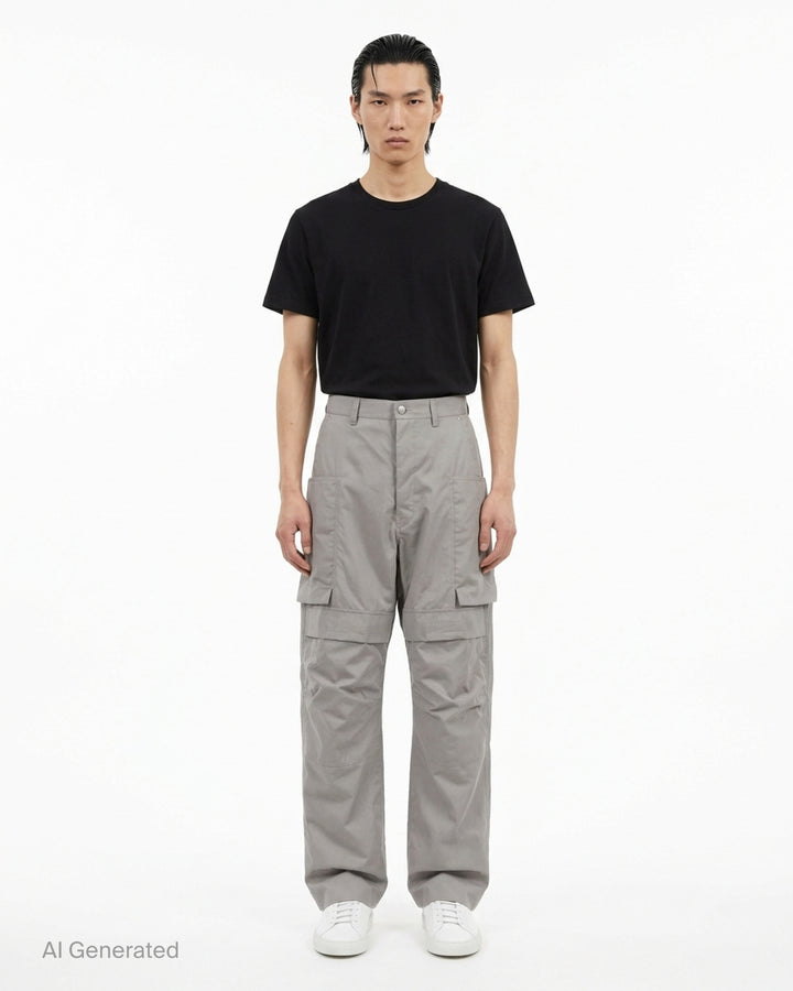 Rick Owens Stefan cargo pants in a grey cotton-nylon ripstop with oversized flap pockets and a wide-leg silhouette, shown from the front - front
