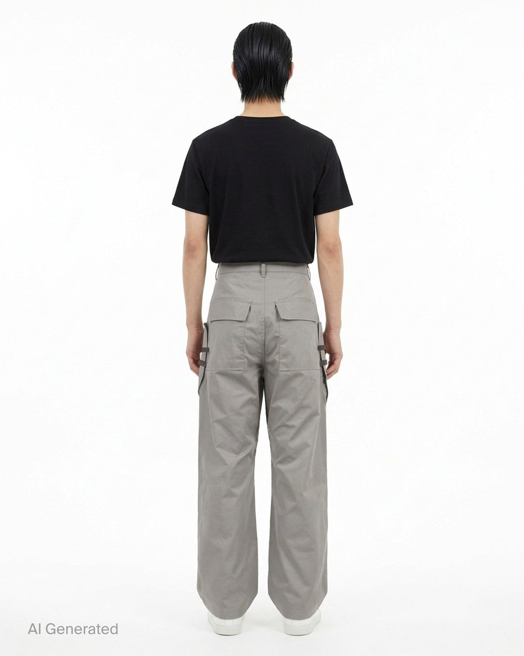 Rick Owens Stefan cargo pants in a grey cotton-nylon ripstop with oversized flap pockets and a wide-leg silhouette, shown from the front - back