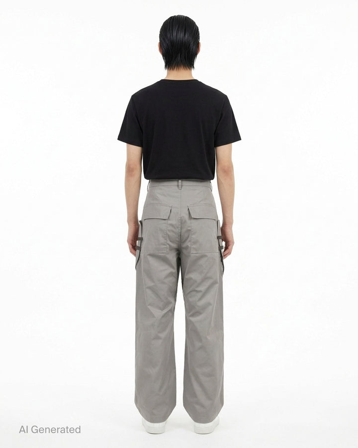 Rick Owens Stefan cargo pants in a grey cotton-nylon ripstop with oversized flap pockets and a wide-leg silhouette, shown from the front - back