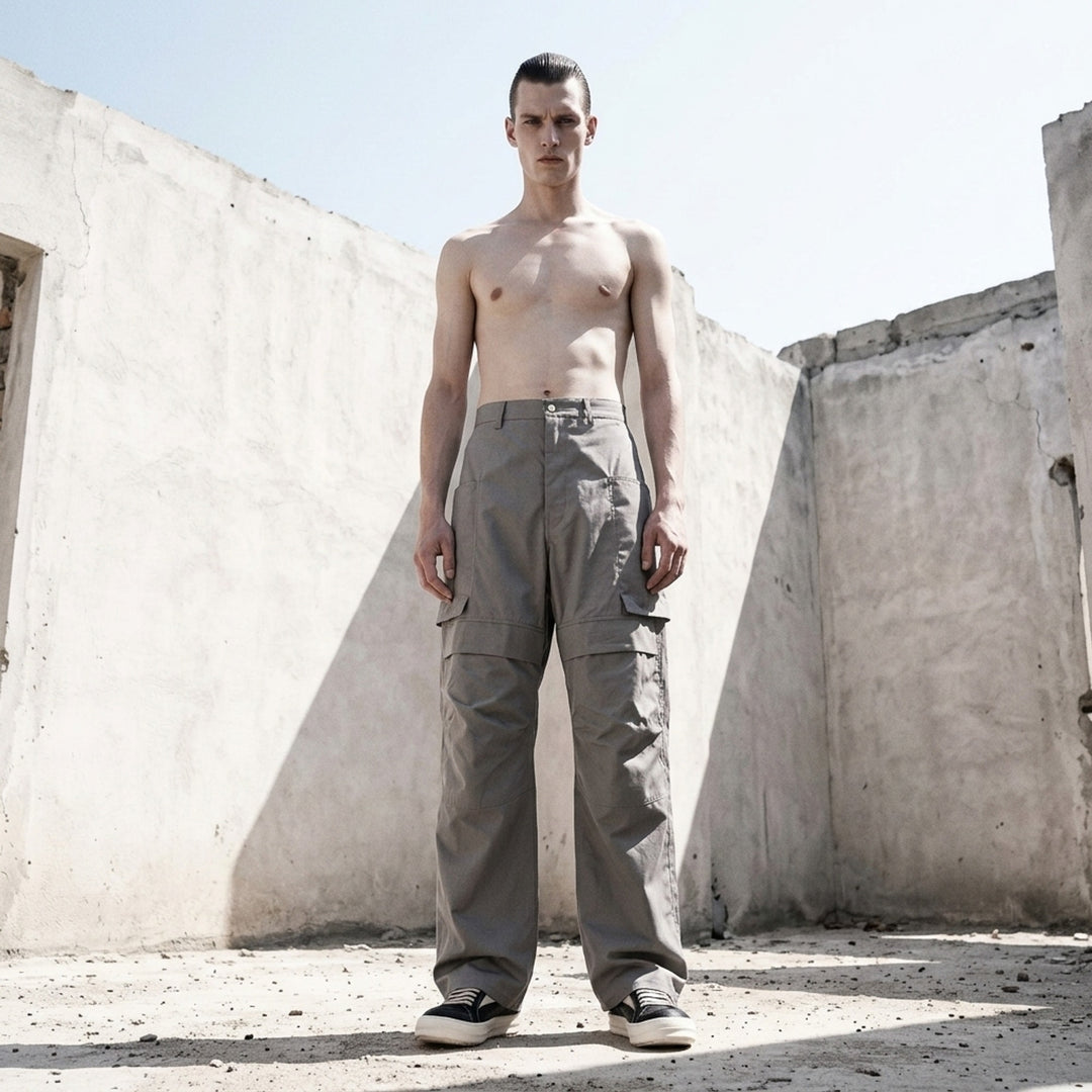 Rick Owens Stefan cargo pants in a grey cotton-nylon ripstop with oversized flap pockets and a wide-leg silhouette, shown from the front - lifestyle