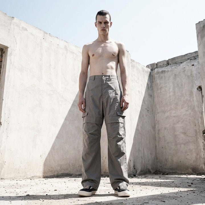 Rick Owens Stefan cargo pants in a grey cotton-nylon ripstop with oversized flap pockets and a wide-leg silhouette, shown from the front - lifestyle