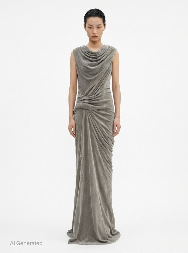 Rick Owens Strutter Velvet Gown in muted taupe, featuring a draped cowl neckline, ruched waist gathering, and floor-length column skirt with a side slit - front