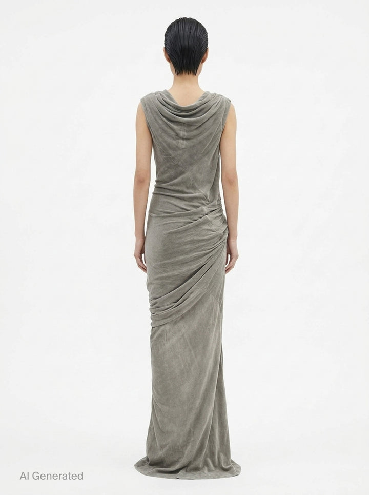 Rick Owens Strutter Velvet Gown in muted taupe, featuring a draped cowl neckline, ruched waist gathering, and floor-length column skirt with a side slit - back