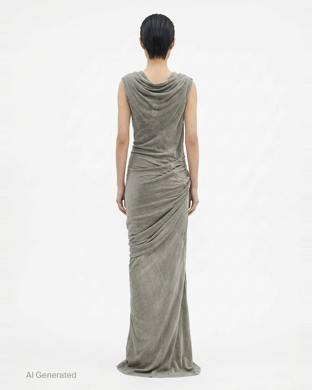 Rick Owens Strutter Velvet Gown in muted taupe, featuring a draped cowl neckline, ruched waist gathering, and floor-length column skirt with a side slit - back