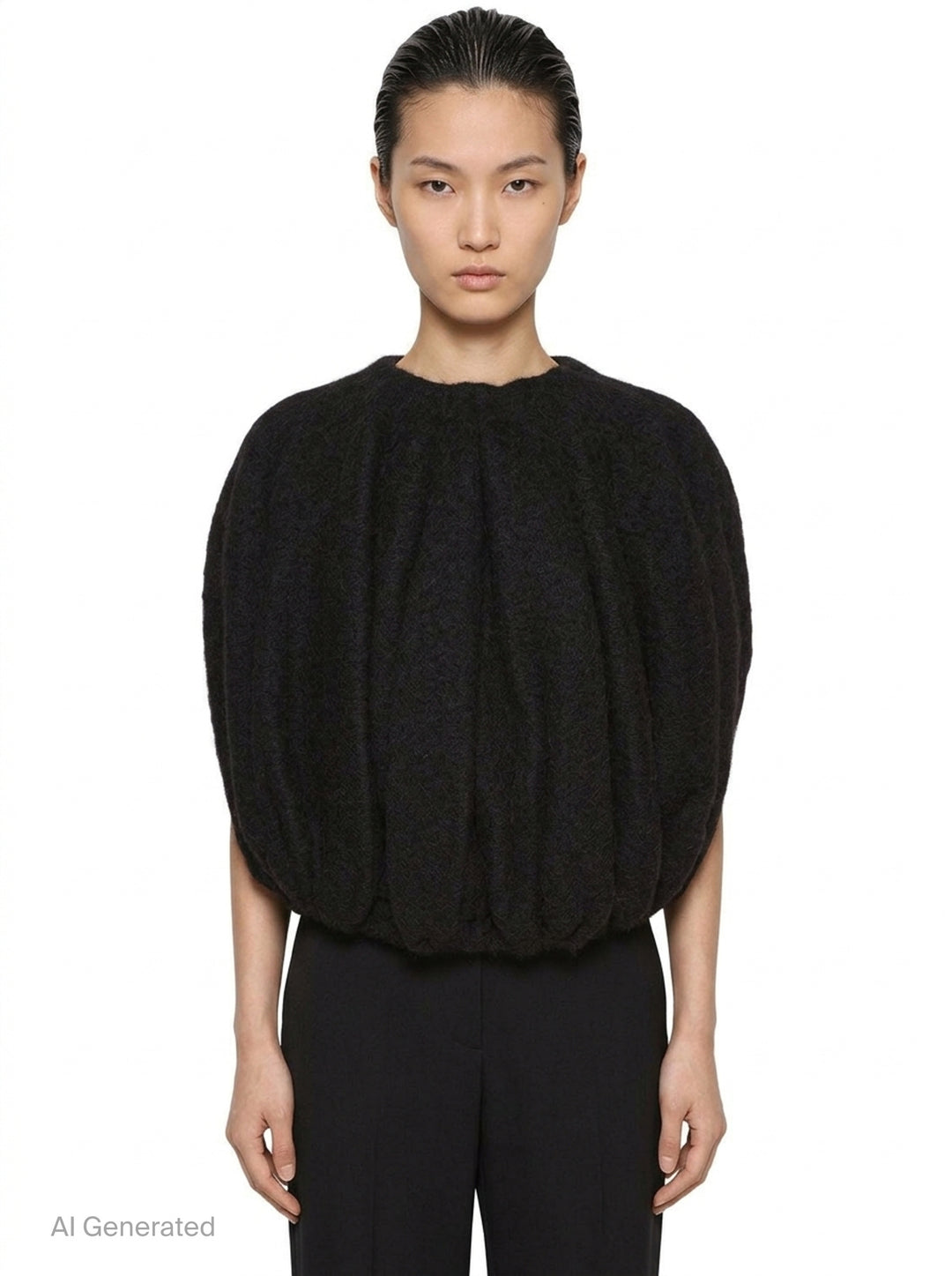 Rick Owens Temple Bubble Cropped Cape in black brushed mohair-blend, rear view showing sculptural quilted channelling and cocoon silhouette - front