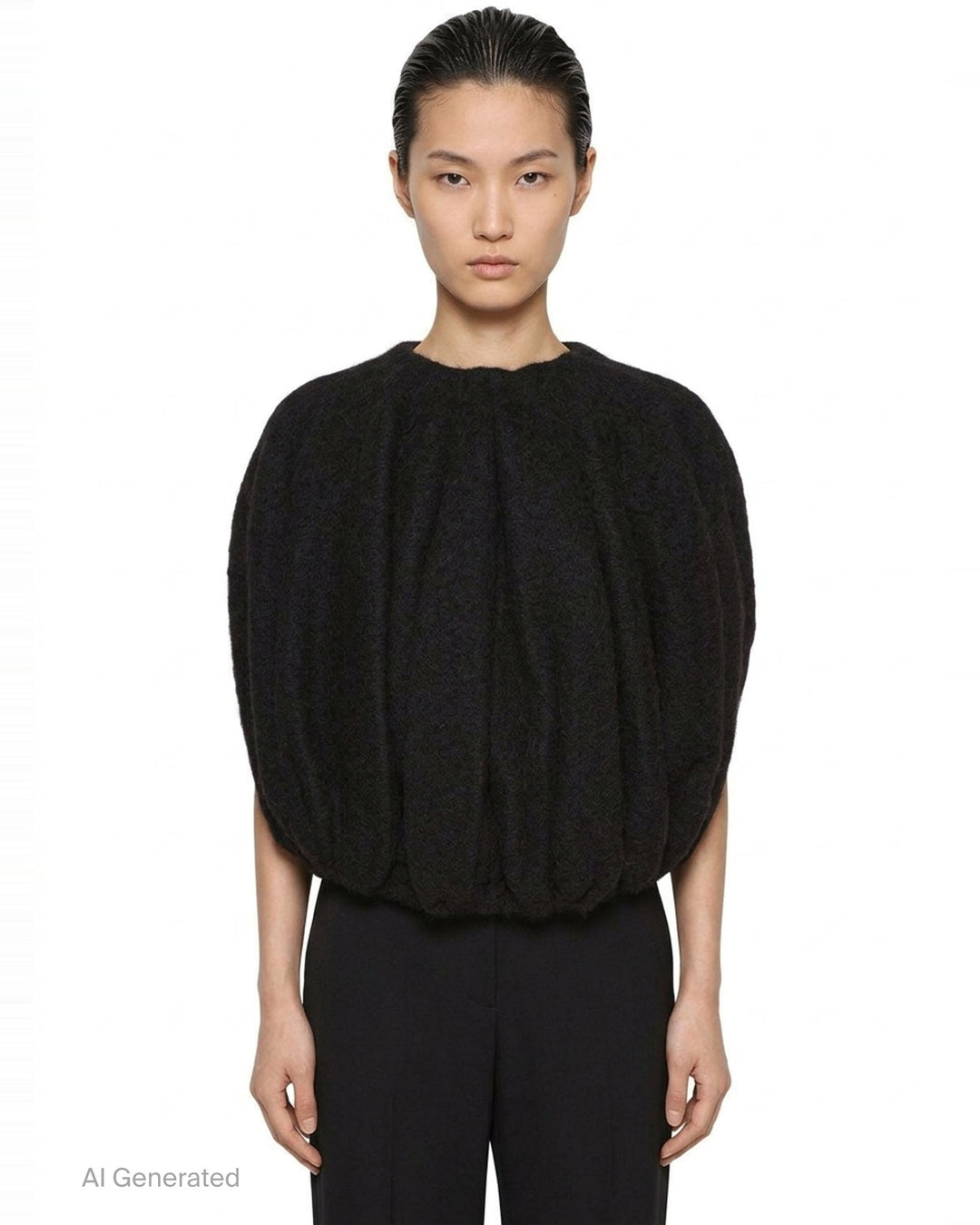 Rick Owens Temple Bubble Cropped Cape in black brushed mohair-blend, rear view showing sculptural quilted channelling and cocoon silhouette - front