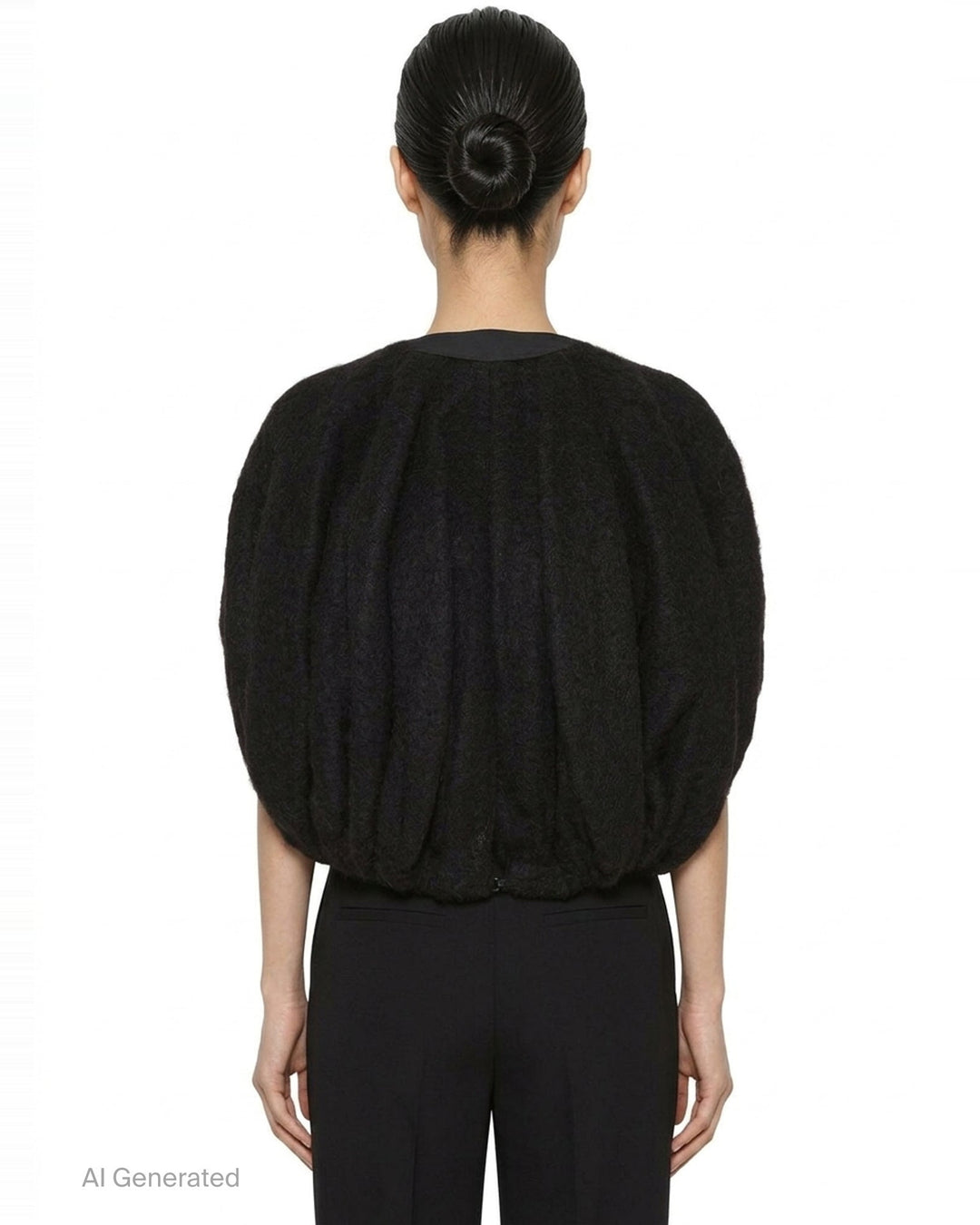 Rick Owens Temple Bubble Cropped Cape in black brushed mohair-blend, rear view showing sculptural quilted channelling and cocoon silhouette - back