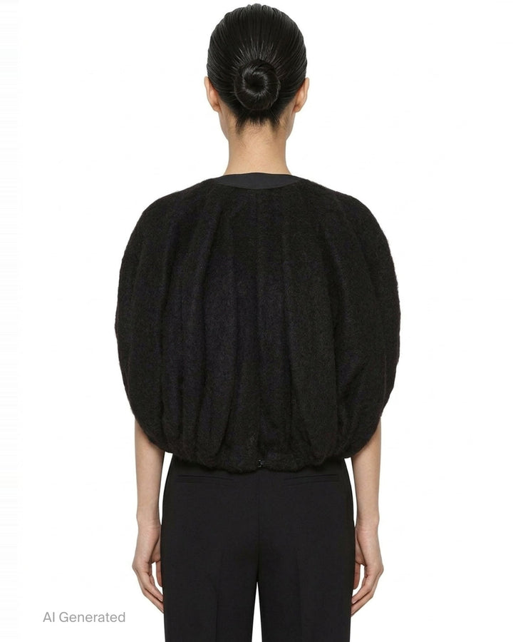 Rick Owens Temple Bubble Cropped Cape in black brushed mohair-blend, rear view showing sculptural quilted channelling and cocoon silhouette - back