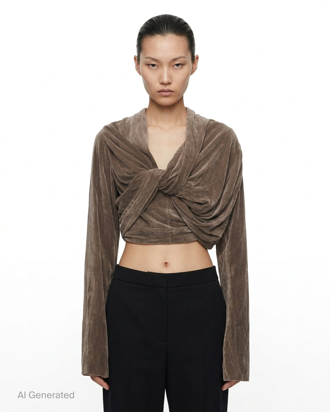 Rick Owens taupe velvet cropped long-sleeve top with draped twist detail at the front - front