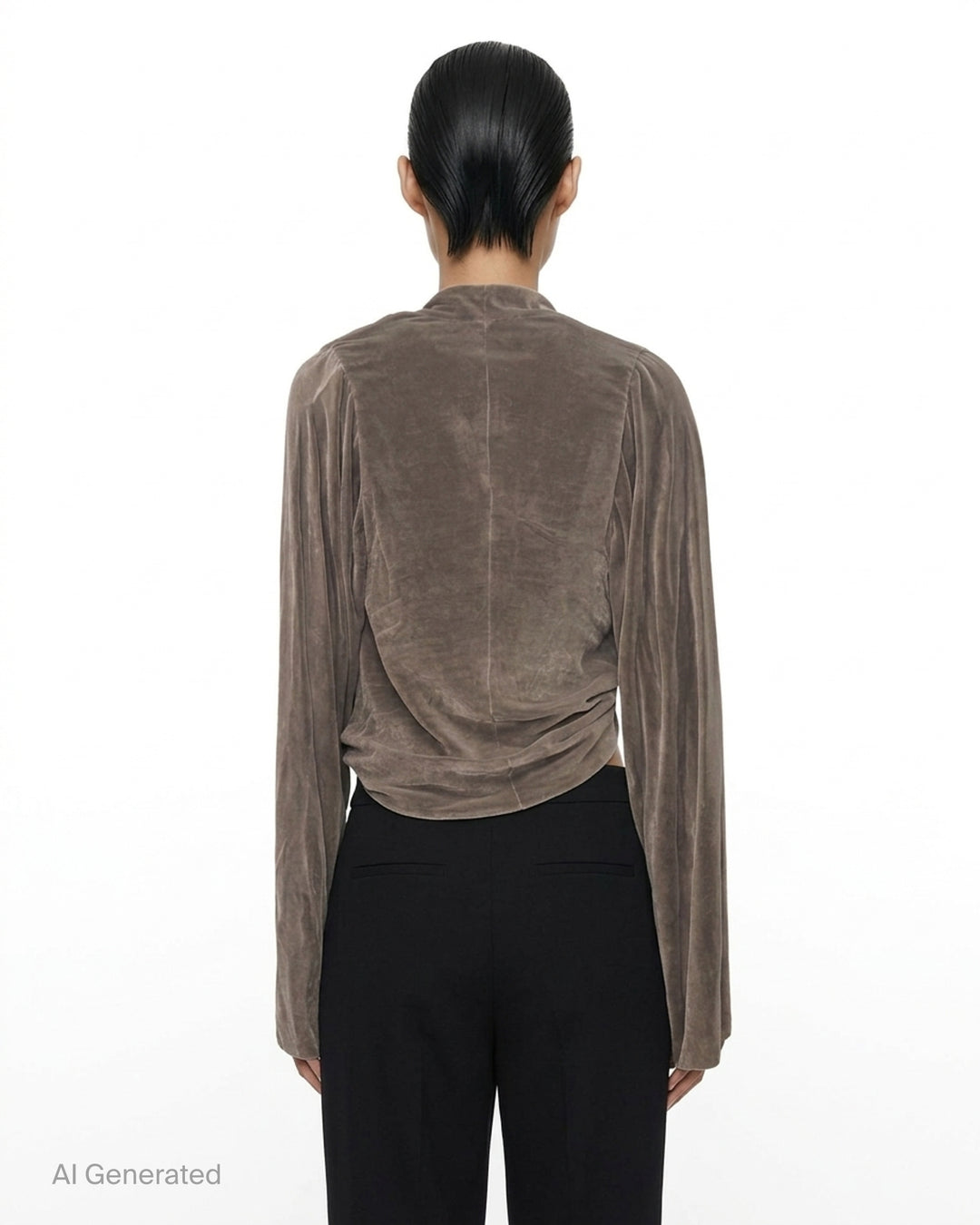 Rick Owens taupe velvet cropped long-sleeve top with draped twist detail at the front - back