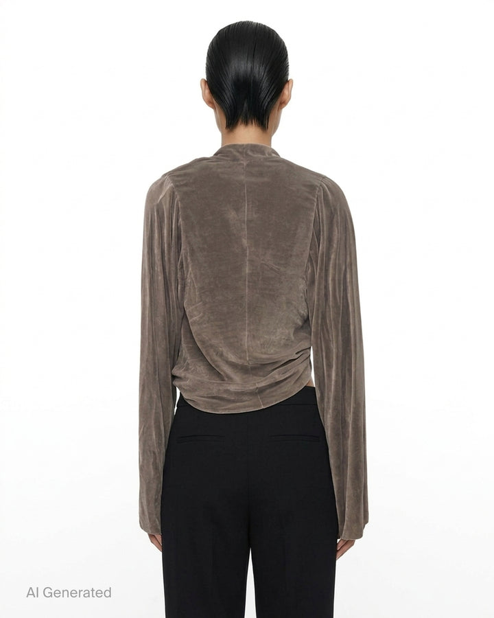Rick Owens taupe velvet cropped long-sleeve top with draped twist detail at the front - back