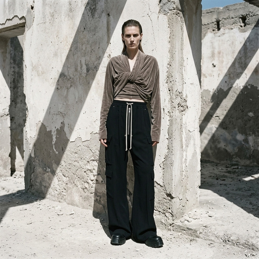 Rick Owens taupe velvet cropped long-sleeve top with draped twist detail at the front - lifestyle