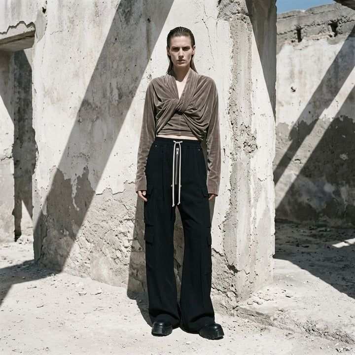 Rick Owens taupe velvet cropped long-sleeve top with draped twist detail at the front - lifestyle