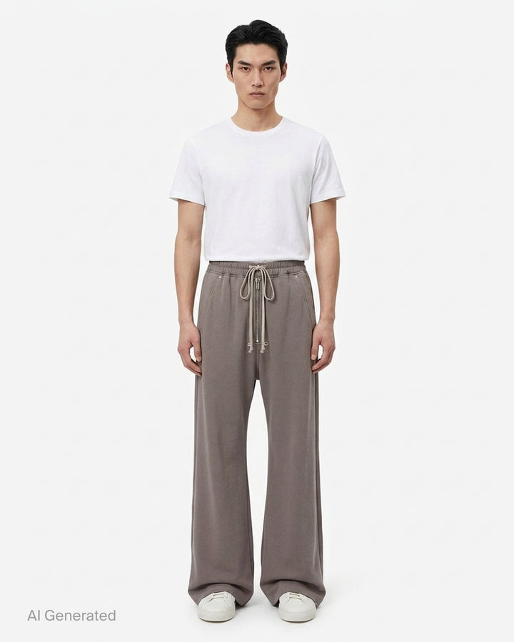 Rick Owens Wide Bela Pants in taupe grey with elasticated drawstring waist, zip-front detail and wide-leg silhouette, shown from the front - front