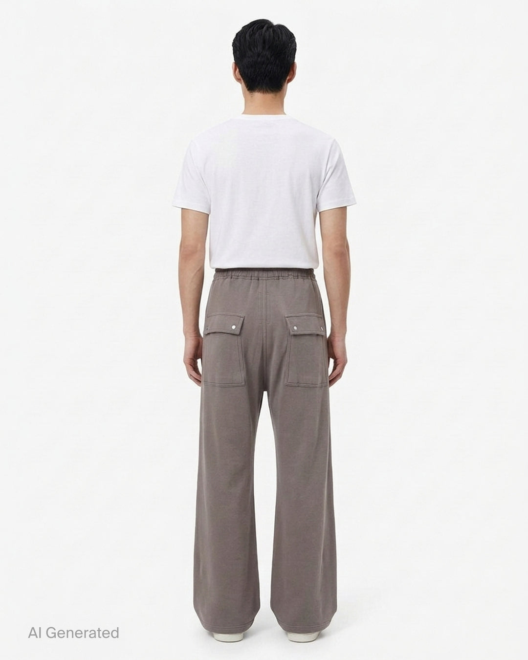 Rick Owens Wide Bela Pants in taupe grey with elasticated drawstring waist, zip-front detail and wide-leg silhouette, shown from the front - back