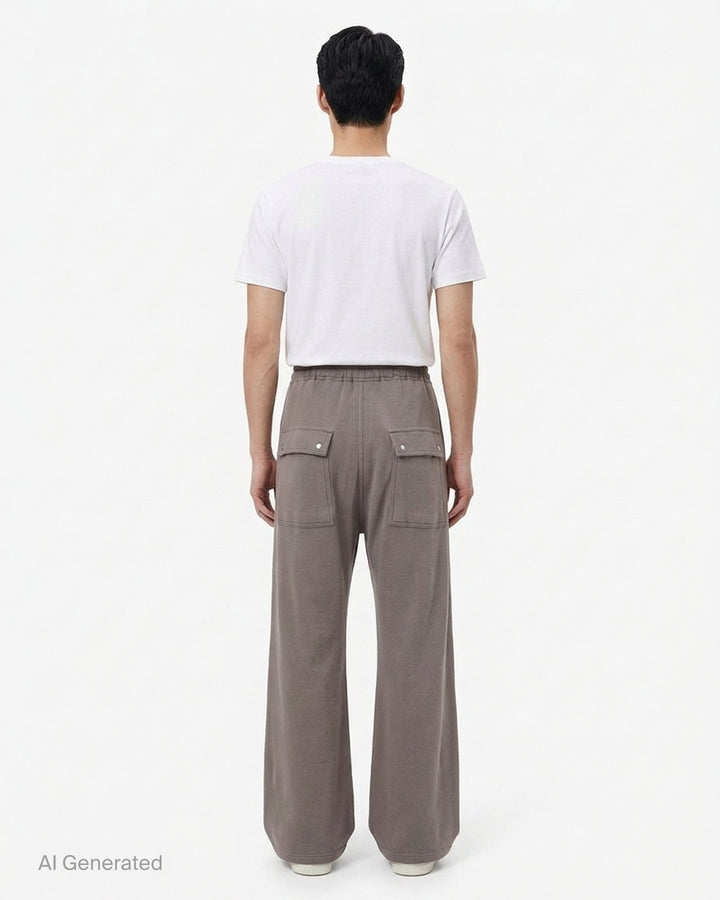 Rick Owens Wide Bela Pants in taupe grey with elasticated drawstring waist, zip-front detail and wide-leg silhouette, shown from the front - back