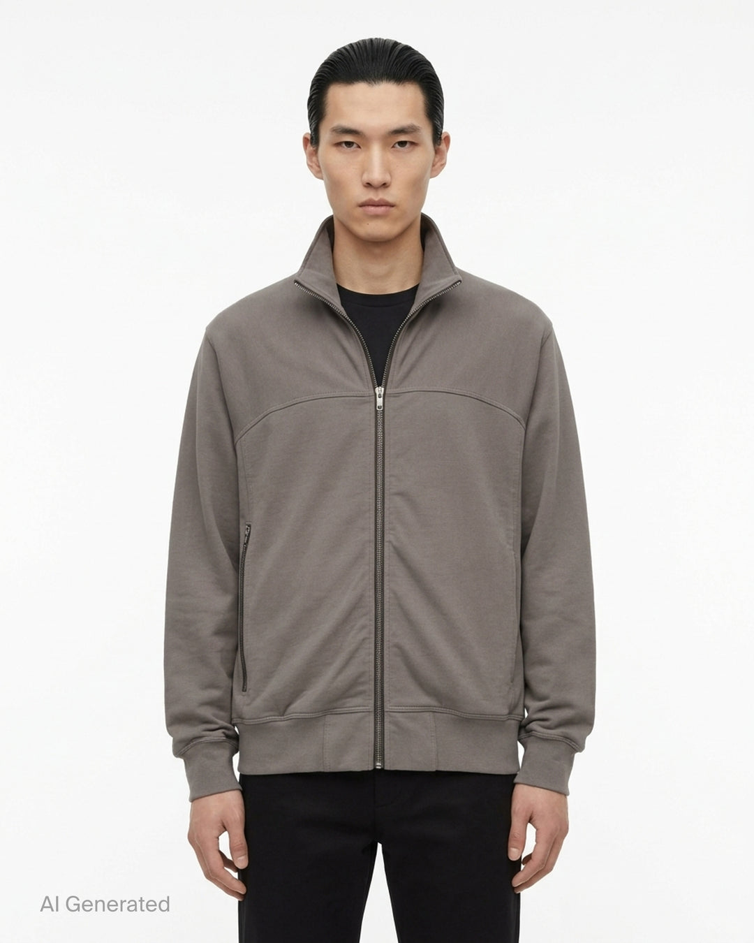 Rick Owens grey zip-up track jacket with funnel collar, curved chest seam, zipped pocket and ribbed cuffs and hem - front