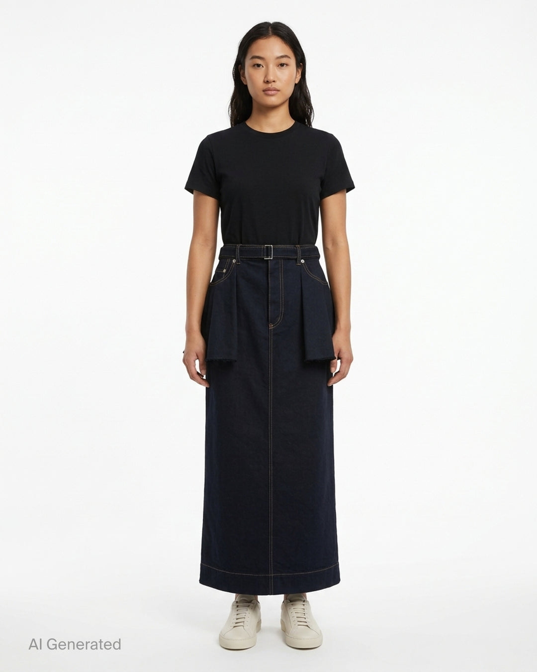 sacai belted peplum denim midi skirt in dark indigo with contrast topstitching, shown from the front - front