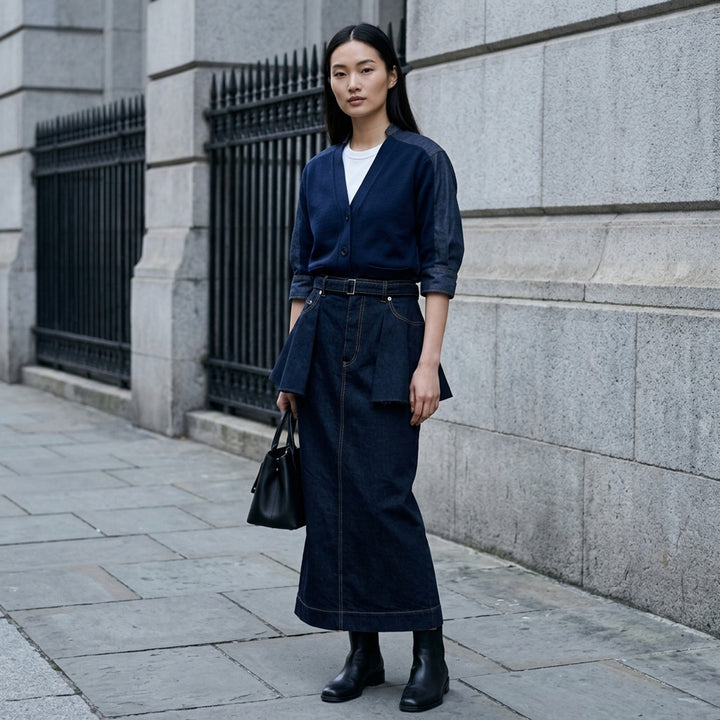 sacai belted peplum denim midi skirt in dark indigo with contrast topstitching, shown from the front - lifestyle