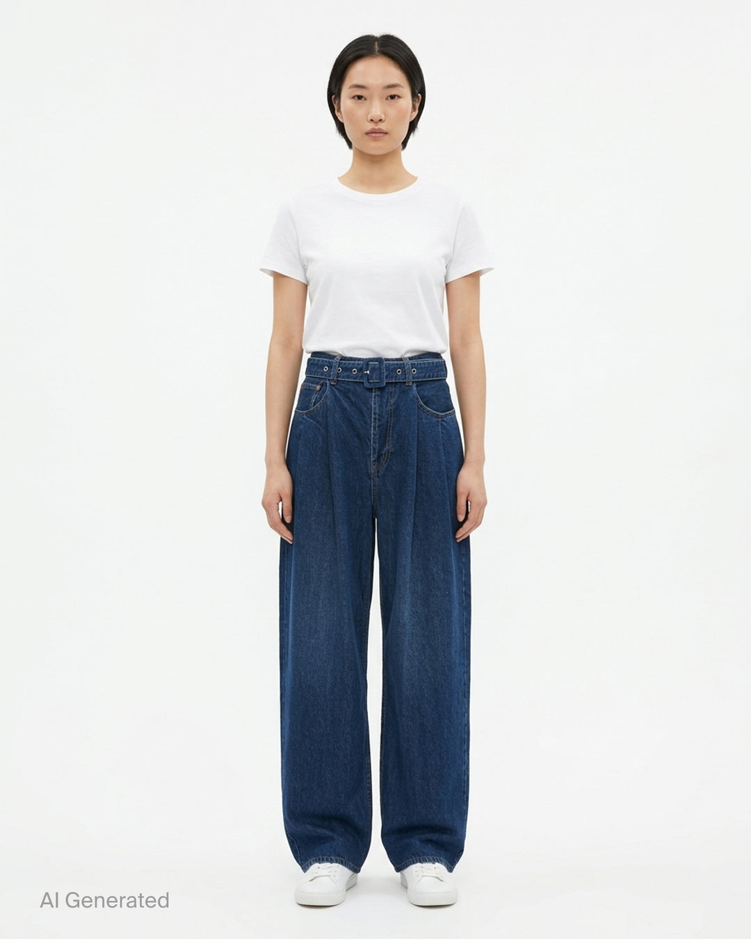 sacai belted wide-leg barrel jeans in washed black denim with deep front pleats, contrast stitching, and tapered hem, photographed flat on white background - front