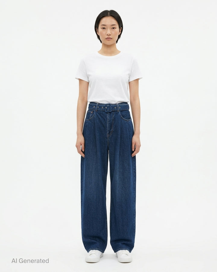 sacai belted wide-leg barrel jeans in washed black denim with deep front pleats, contrast stitching, and tapered hem, photographed flat on white background - front