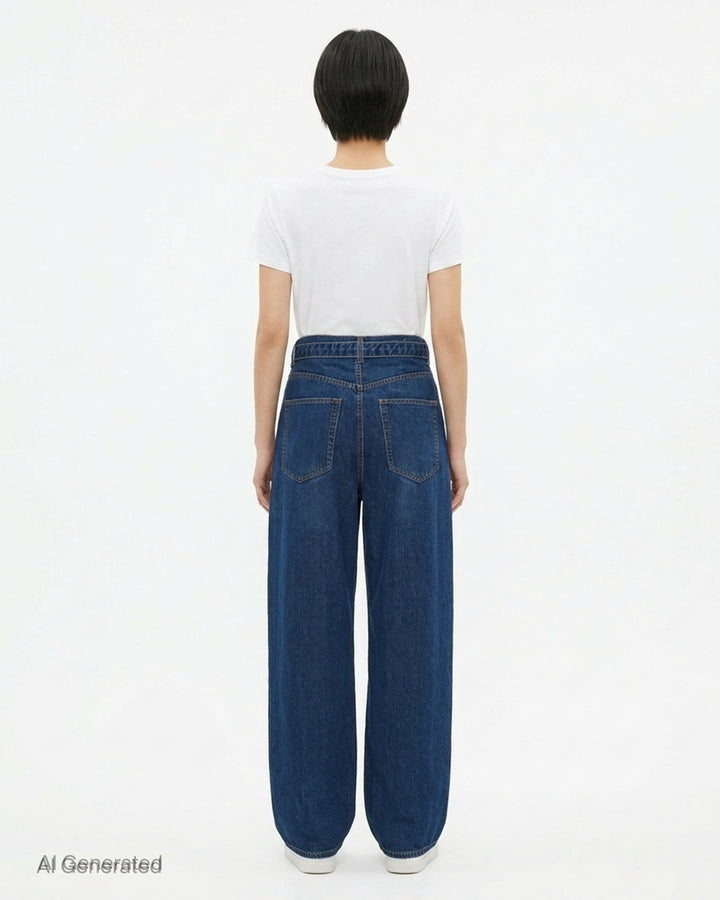 sacai belted wide-leg barrel jeans in washed black denim with deep front pleats, contrast stitching, and tapered hem, photographed flat on white background - back