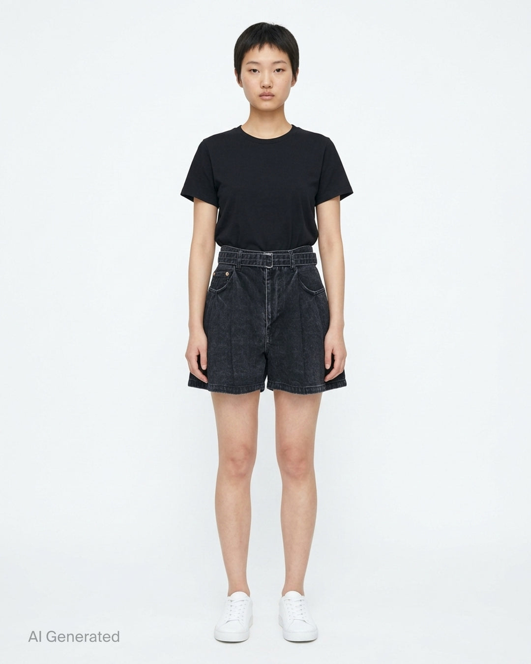 sacai belted wide-leg denim shorts in washed black with front pleats, contrast stitching, and an integrated metal-buckle belt - front