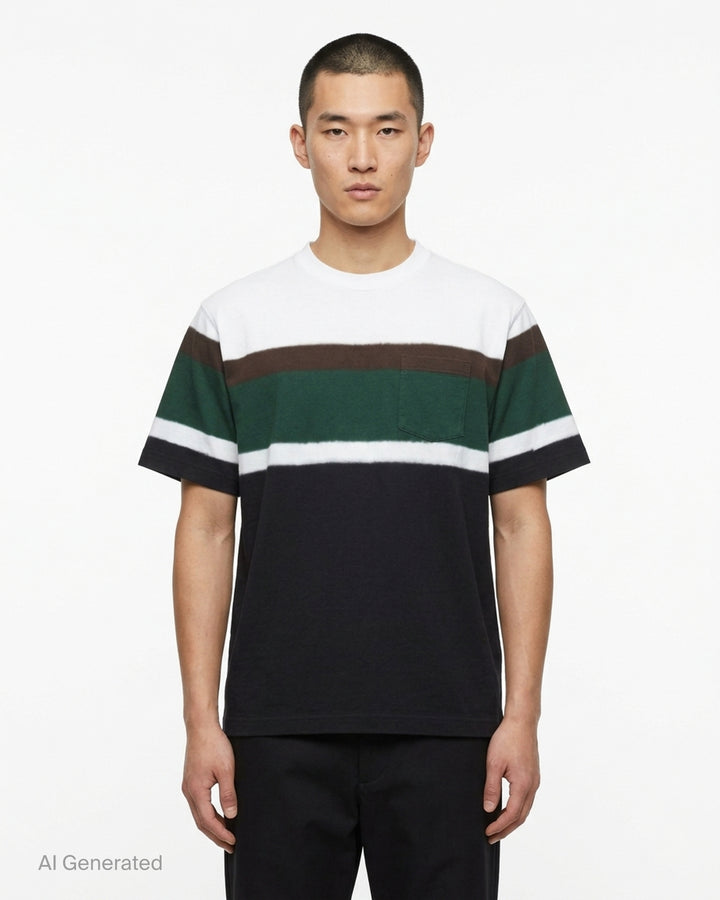 sacai chusen-dyed cotton jersey T-shirt with white, brown, green and navy dyed bands and a chest pocket - front