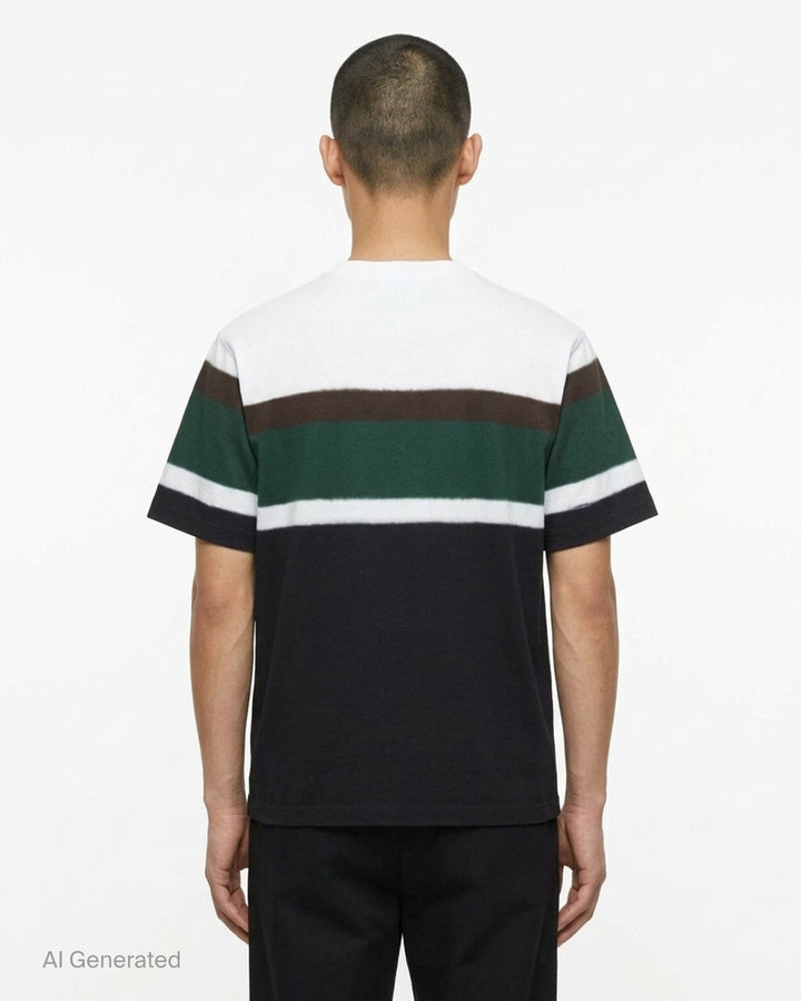 sacai chusen-dyed cotton jersey T-shirt with white, brown, green and navy dyed bands and a chest pocket - back
