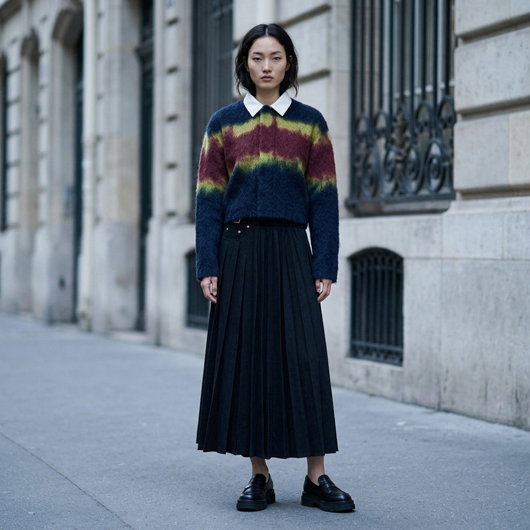 sacai Chusen-Dyed Knit Cardigan in navy brushed knit with olive and burgundy gradient bands and a white collar - lifestyle