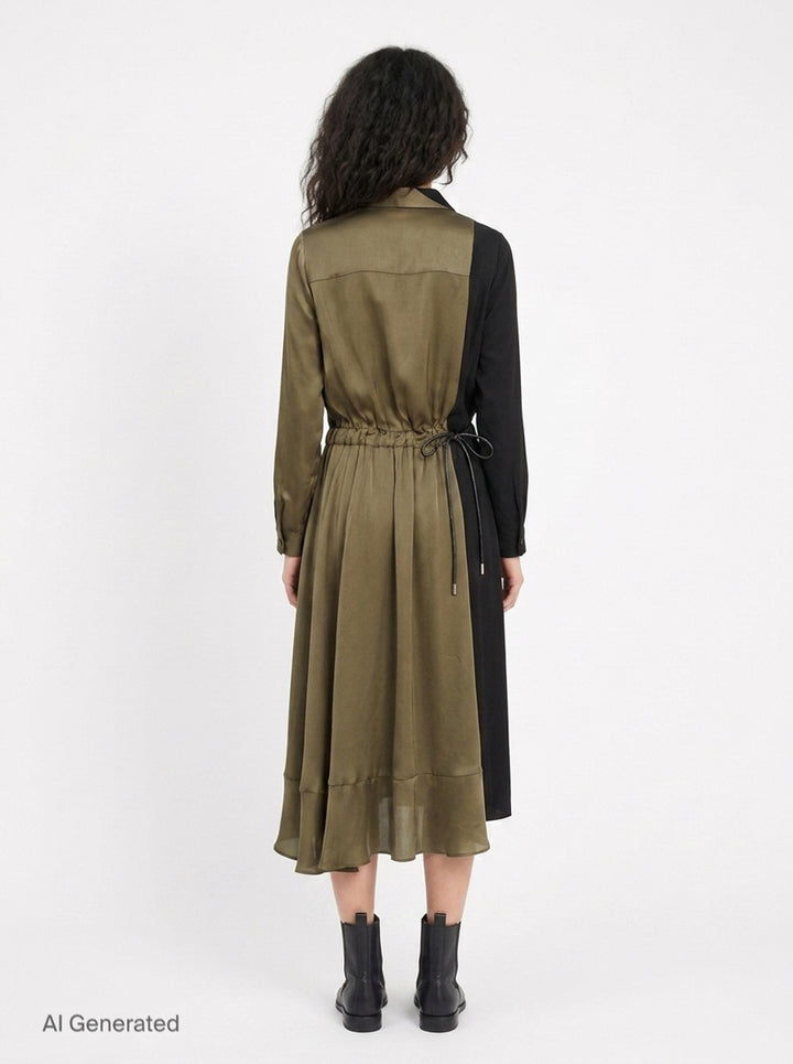 sacai Crepe Back Satin x Satin midi dress in olive and black, featuring an asymmetric contrast panel on one sleeve, mock neck collar, drawstring waist, and ruffled hem - back