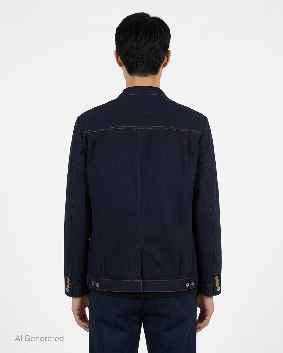 sacai indigo denim blazer jacket with notched lapels, contrast golden topstitching, flap chest pockets and gold anchor buttons - back