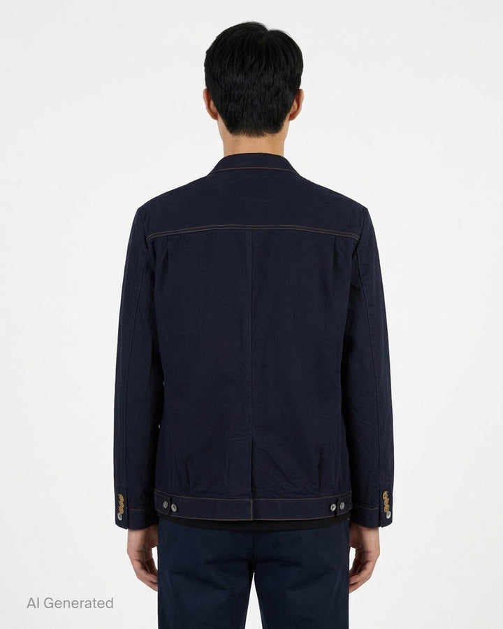 sacai indigo denim blazer jacket with notched lapels, contrast golden topstitching, flap chest pockets and gold anchor buttons - back