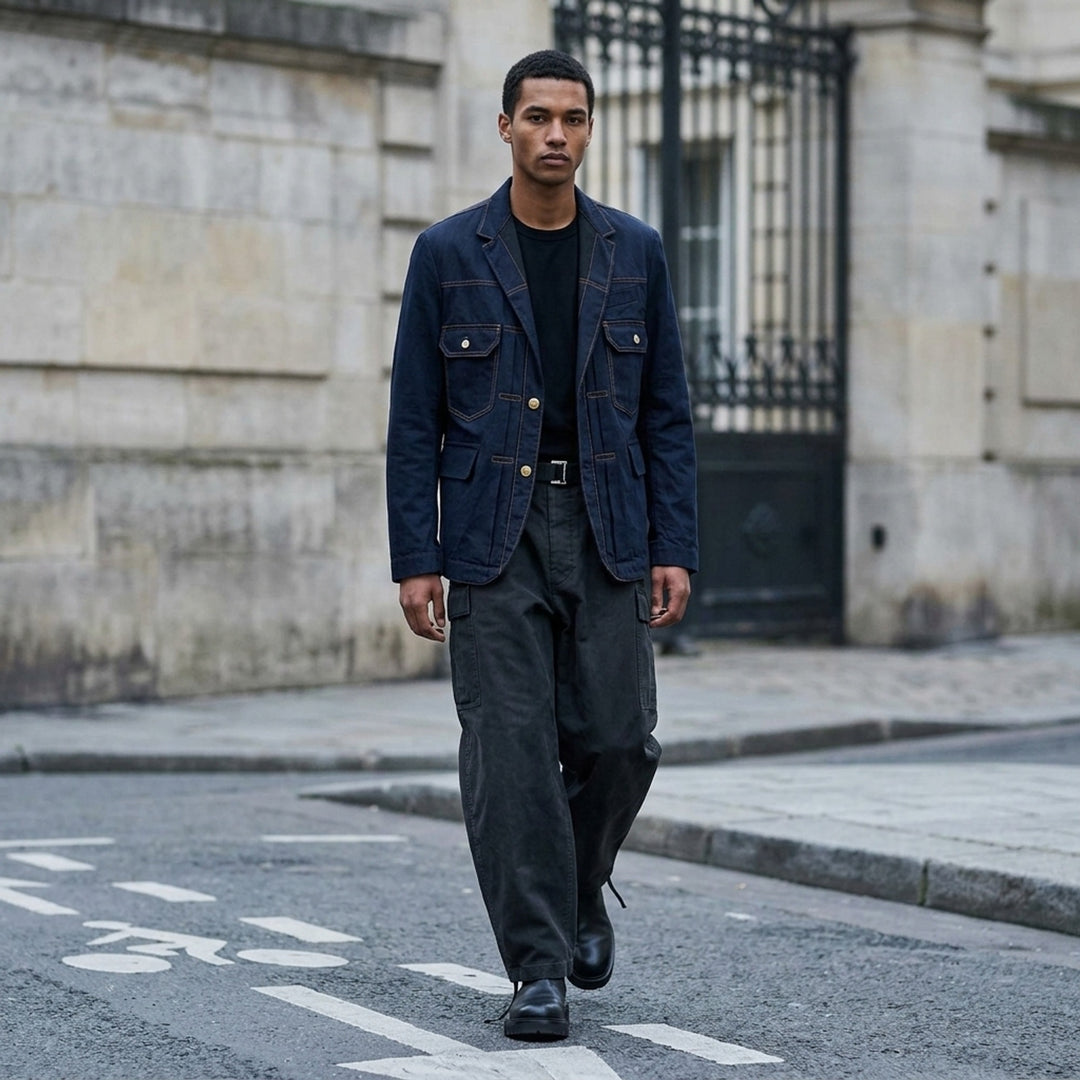 sacai indigo denim blazer jacket with notched lapels, contrast golden topstitching, flap chest pockets and gold anchor buttons - lifestyle